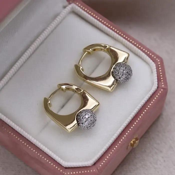 Boucles d'oreilles boule de zircon en métal plaqué bicolore, nouveau design coréen, bijoux à la mode, accessoires de travail quotidiens élégants pour femmes