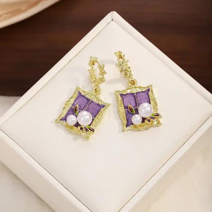 Boucles d'oreilles en perles style peinture à l'huile Jardin de Monet, violettes, pour femmes, bijoux vintage de luxe haut de gamme, style cour.