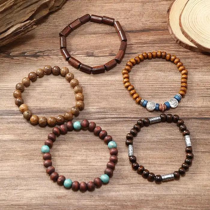 Bracelets en perles de bois de Bohême pour hommes et femmes, accessoires de bijoux féminins, breloques chics, cadeaux de fête, mode, ensemble de 5 pièces