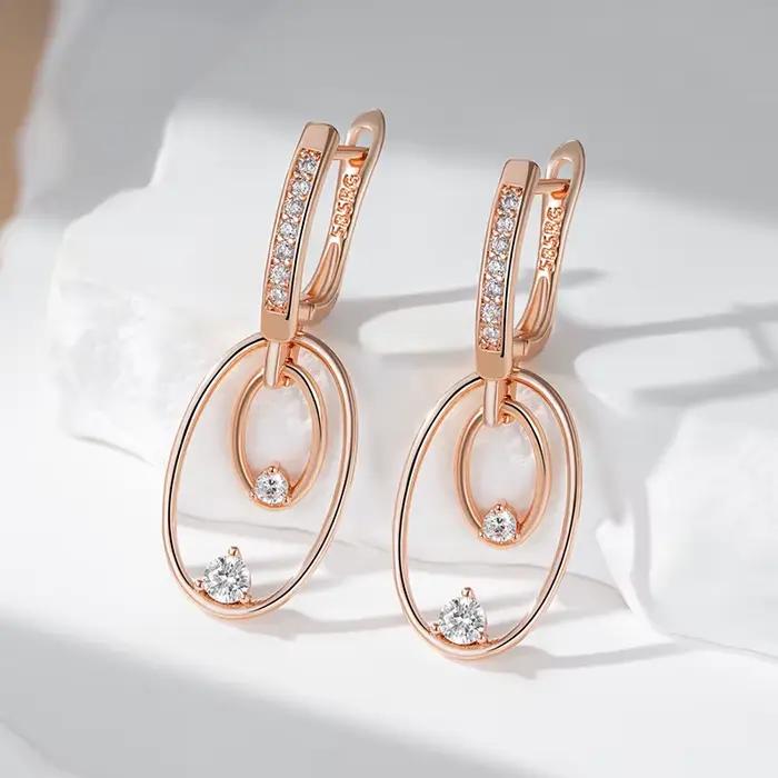Kinel mode 585 couleur or Rose brillant grande boucle d'oreille pour les femmes inhabituel brillant naturel Zircon accessoires quotidien bijoux fins