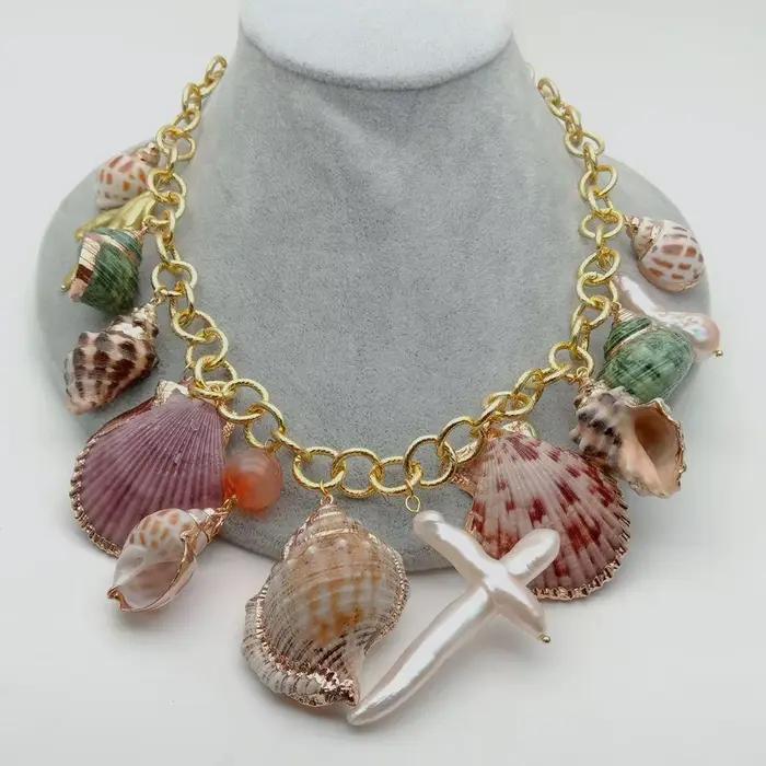 Collier de perles multi-coquillages pour femmes, bijoux de plage, vintage, mariage, fête, chaud, été, 19"
