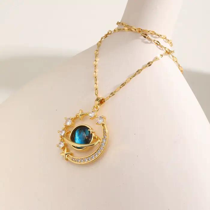 Collier planète en Zircon mental de luxe léger pour femmes, collier chaîne à lèvres en acier inoxydable, cadeau de bijoux étanche