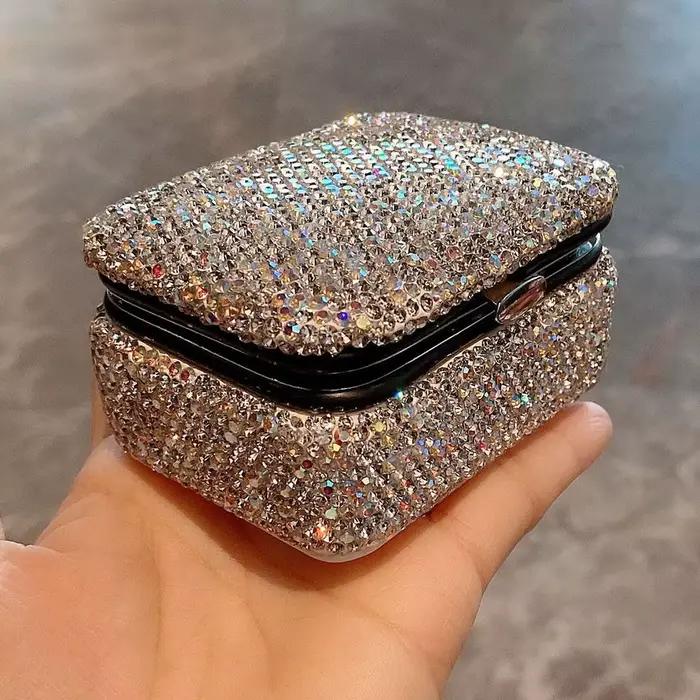 Mini boîte à bijoux scintillante avec miroir, mallette de rangement de colliers de luxe créative, boîte à bijoux carrée en strass et diamant, Dressing