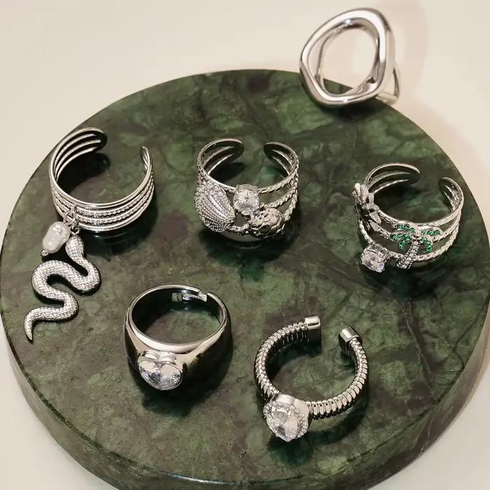 Bague en forme de cœur en Zircon rouge et vert pour femmes, en acier inoxydable 316, plaqué or, gros anneau serpent ouvert, bijoux tendance pour filles