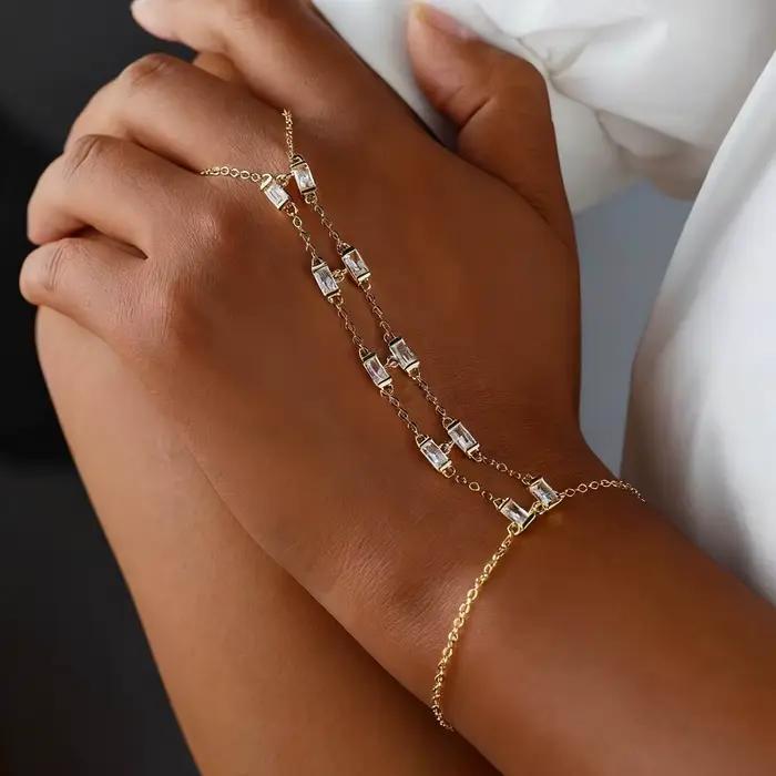Couleur or 2025 nouveauté été vente chaude femmes bijoux coloré lunette Rectangle CZ Bling Double lien chaîne esclave Bracelet