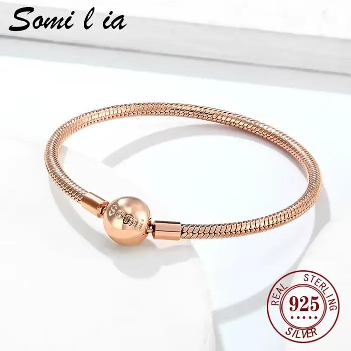 SOMILIA-Bracelet en argent sterling 100% 925, classique et à la mode, chaîne ronde en os de serpent, adapté comme cadeau d'anniversaire pour les femmes