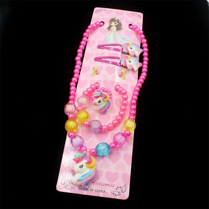 Ensemble de bijoux licorne pour enfants, 1 ensemble, perles en résine - Collier, bracelet, bague, boucles d'oreilles, accessoire de déguisement pour petite princesse, cadeau