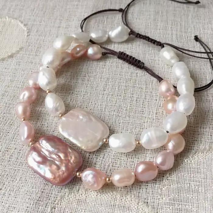 Mode Naturel D'eau Douce Perle Bracelets Rectangle Carré Baroque Perle Charme Guérison Vraies Perles Brin Bracelets pour Les Femmes