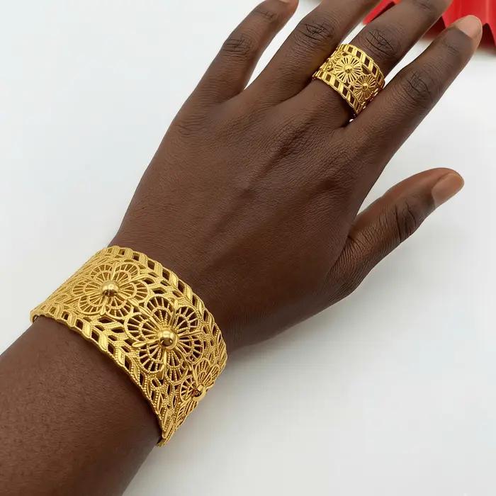 Ensemble de bracelets et bagues éthiopiens pour femmes, couleur or africain de Dubaï, avec pampilles et breloques rigides, bijoux arabes pour mariage et cadeaux de fête
