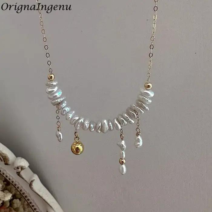Collier de perles baroques remplies d'or 14K pour femmes, ras du cou délicat fait à la main, résistant au ternissement, bijoux hypoallergéniques pour femmes
