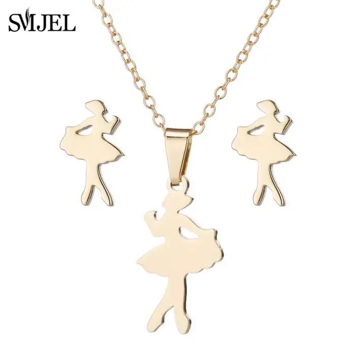 Boucles d'oreilles de Ballet dansante pour femmes et filles, colliers de ballerine à la mode, couleur or, ensemble de bijoux en acier inoxydable, accessoires, cadeau de Sport en Club