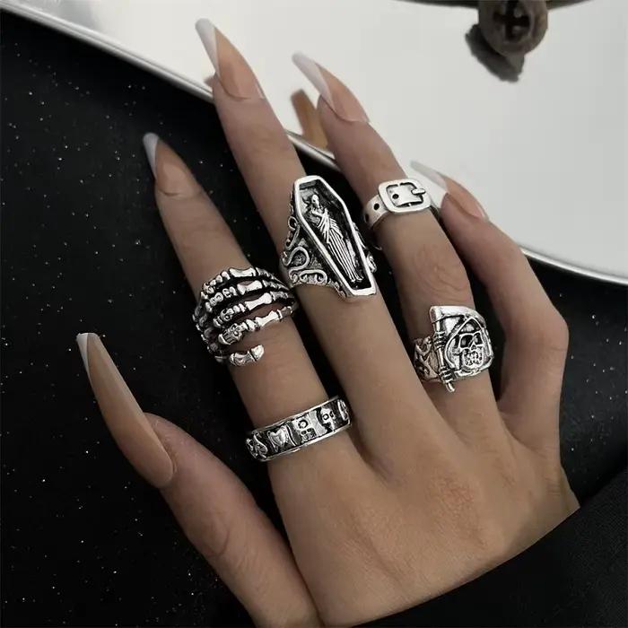 6 pièces Punk Poker Joker couleur argent anneaux pour hommes Goth squelette billard ensemble Couple Emo mode bijoux Anillos Hombre