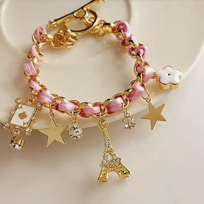 ChimWomen-Bracelet Mignon en Cuir avec Chaîne en Forme de Fleur, Étoile, Cœur, Tour Eiffel, Couronne, Poker, Corde, Bijoux, Cadeau