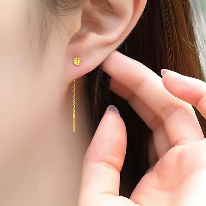 Boucles d'oreilles pompon à bulles en or rose véritable 18 carats pour femmes, bijoux fins, boule de perles, ligne, cadeau d'anniversaire, m750