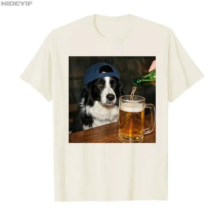 T-shirt à manches courtes pour hommes et femmes, 100% coton, avec image de chien drôle buvant de la bière, Border Collie, P943