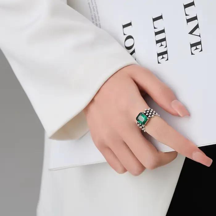 Bague en argent regardé 925 avec pierre verte unique pour femme, bijoux ouverts au doigt, bague vintage faite à la main, allergie pour fête, cadeau d'anniversaire