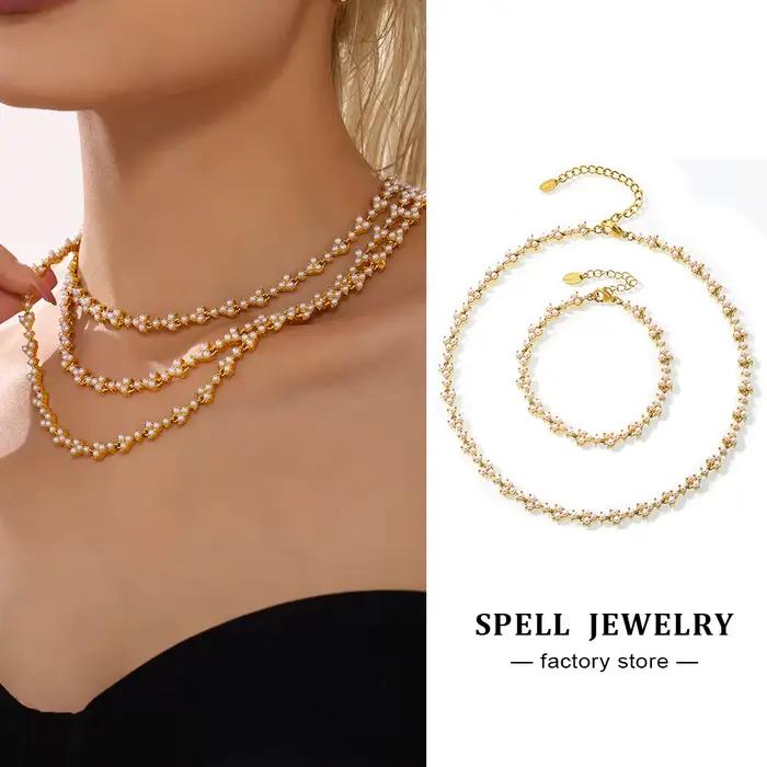 Collier et Bracelet en acier inoxydable pour femmes, avec perles de coquillage, plaqué or 18 carats, bijoux de luxe pour femmes