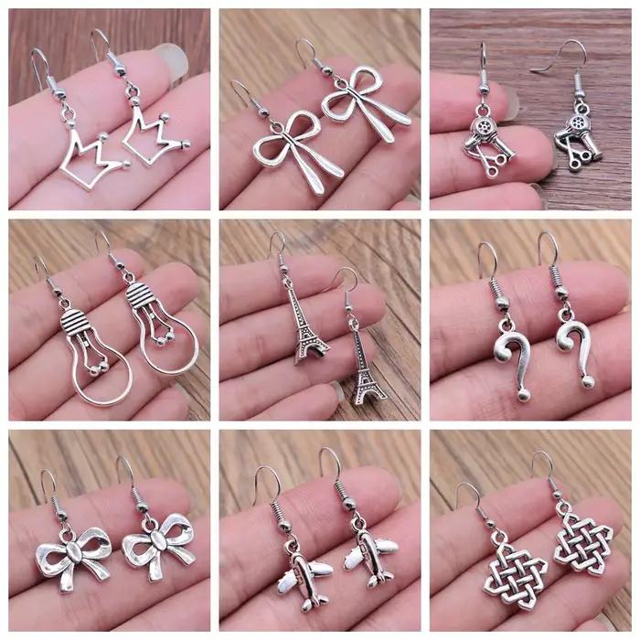 Boucles d'oreilles faites à la main vintage pour femmes, bijoux simples et sympas, épingle de tour, ciseaux, ADN, avion, fusée, point d'interrogation, 40 styles, offre spéciale