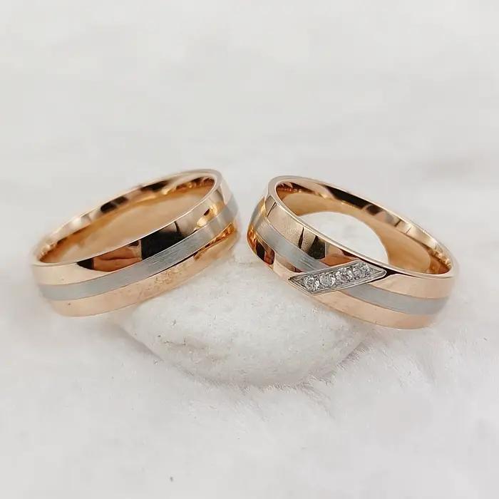 Bagues de mariage faites à la main en or rose plaqué or 18 carats, bijoux en acier inoxydable, vente en gros, bague de couple de promesse d'amant de styliste de haute qualité