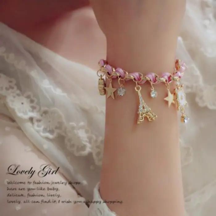 ChimWomen-Bracelet Mignon en Cuir avec Chaîne en Forme de Fleur, Étoile, Cœur, Tour Eiffel, Couronne, Poker, Corde, Bijoux, Cadeau