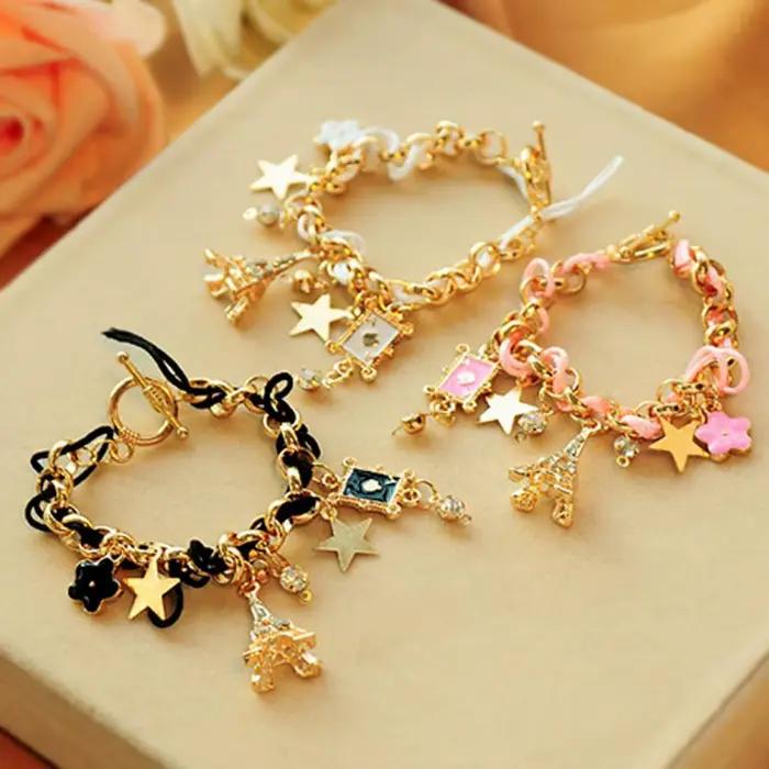 ChimWomen-Bracelet Mignon en Cuir avec Chaîne en Forme de Fleur, Étoile, Cœur, Tour Eiffel, Couronne, Poker, Corde, Bijoux, Cadeau