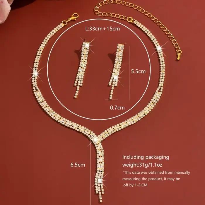 Ensemble de bijoux élégant en forme de Y avec pampilles, collier et boucles d'oreilles pendantes rétro luxueux, ensemble collier et boucles d'oreilles exquis en strass