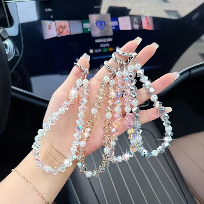 Cordon de téléphone perlé en cristal irisé et scintillant, élégant bracelet de poignet en perles, porte-clés, breloque de sac, bijou de style INS, cadeau