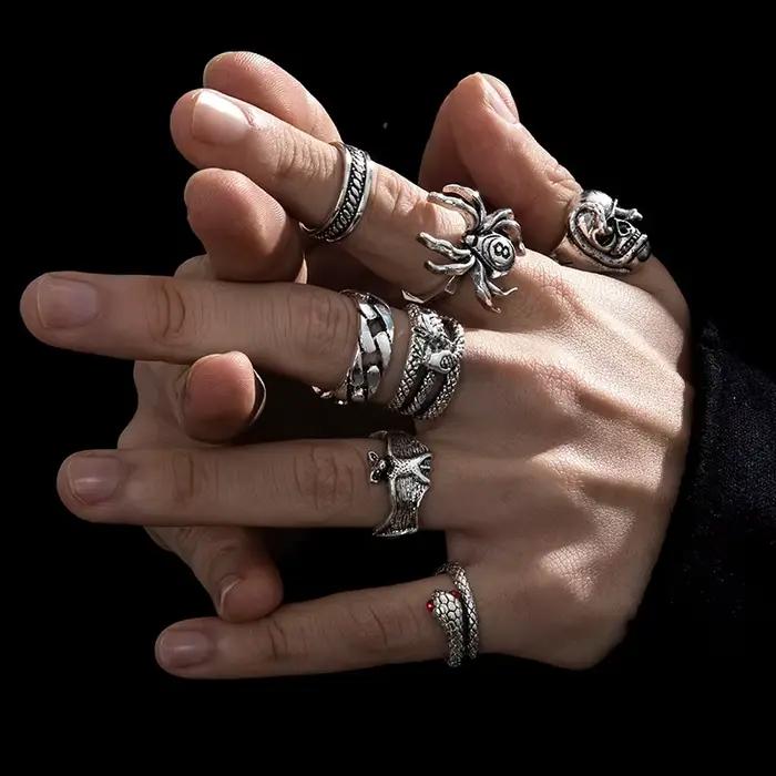 6 pièces Punk Poker Joker couleur argent anneaux pour hommes Goth squelette billard ensemble Couple Emo mode bijoux Anillos Hombre