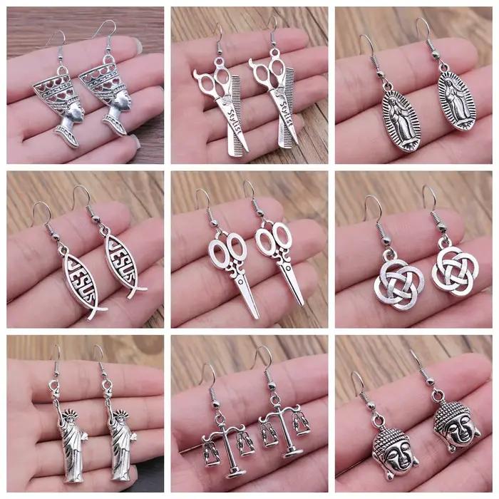 Boucles d'oreilles faites à la main vintage pour femmes, bijoux simples et sympas, épingle de tour, ciseaux, ADN, avion, fusée, point d'interrogation, 40 styles, offre spéciale
