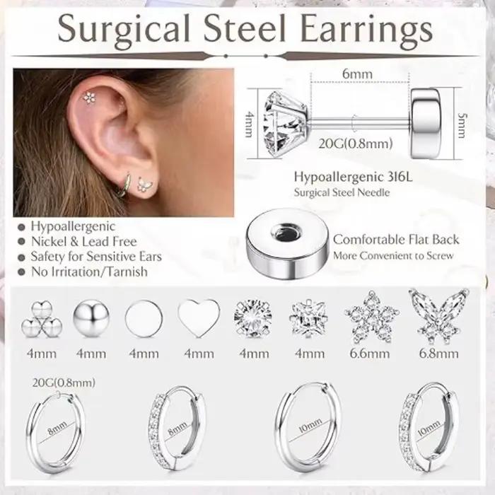 Ensemble de boucles d'oreilles en acier chirurgical hypoallergénique, cerceaux, Tragus, Cartilage, Piercing, dos plat, bijoux pour femmes