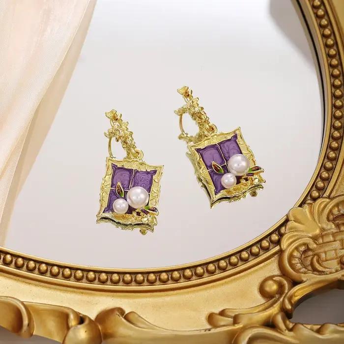Boucles d'oreilles en perles style peinture à l'huile Jardin de Monet, violettes, pour femmes, bijoux vintage de luxe haut de gamme, style cour.