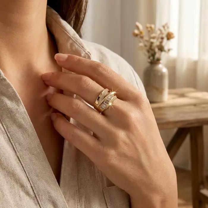 Bague classique couleur or à large ouverture pour femme, zircone brillante de luxe, ajustable, bijou de fiançailles et de mariage, cadeau