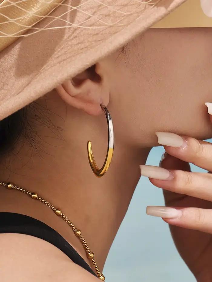 Boucles d'oreilles plaquées or bicolores pour femmes, pendentif Simple, grande ligne C, cerceau d'oreille en acier inoxydable, bijoux à breloques étanches