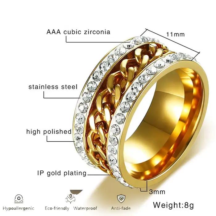 Bague empilable chaîne cubaine vintage avec zircon cubique, bague statement brillante pour hommes et femmes, bijoux de mode hip-hop