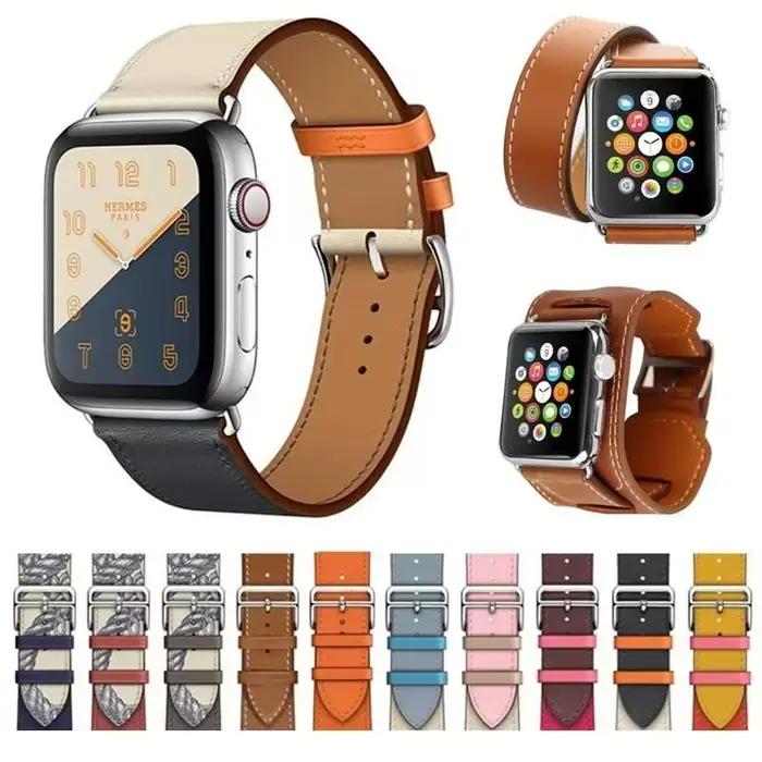 Bracelet en cuir cousu à la main pour Apple Watch, matériau PU, compatible avec Iwatch 38-49 mm, couleur aléatoire, accessoire durable et élégant