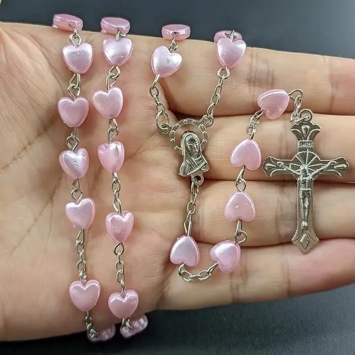 Collier chapelet coeur blanc pour femme, croix de la Vierge Marie, pendentif INRI, Long JOMen, religion, prière, fête, accessoires de bijoux