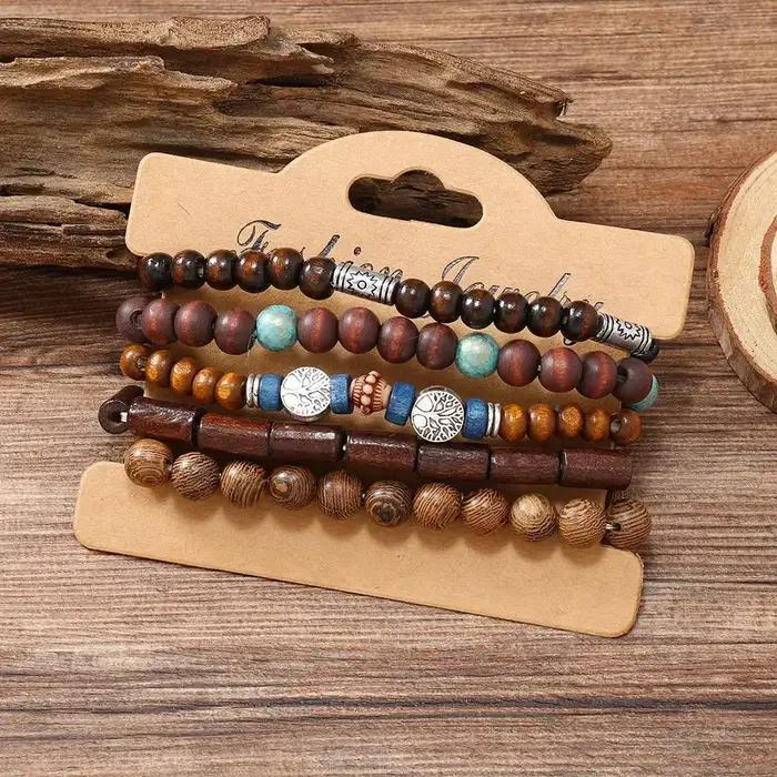 Bracelets en perles de bois de Bohême pour hommes et femmes, accessoires de bijoux féminins, breloques chics, cadeaux de fête, mode, ensemble de 5 pièces