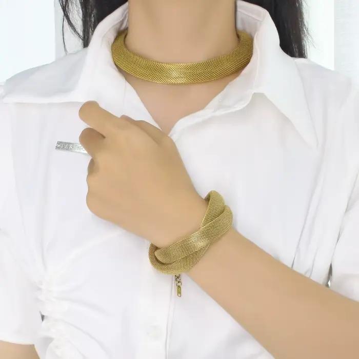 USENSET-Collier Rond en Maille Ajourée Plaqué Or pour Femme, Coréen, Acier Inoxydable, Hip Hop, Nouveau