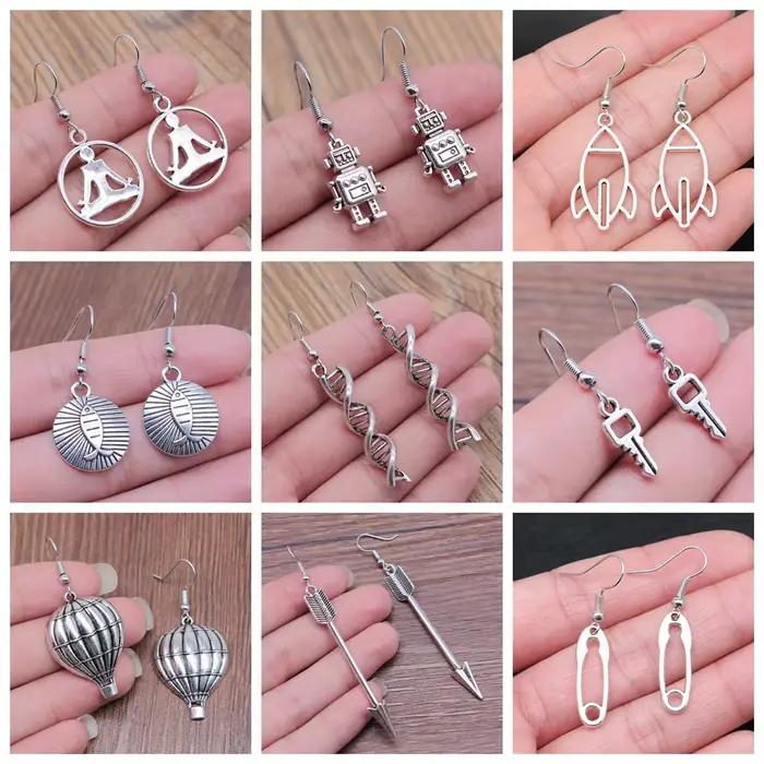 Boucles d'oreilles faites à la main vintage pour femmes, bijoux simples et sympas, épingle de tour, ciseaux, ADN, avion, fusée, point d'interrogation, 40 styles, offre spéciale