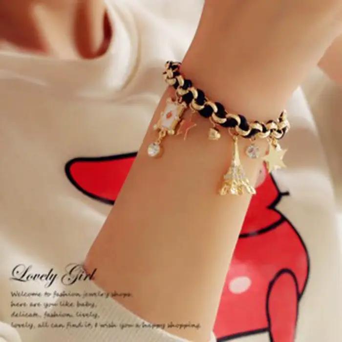 ChimWomen-Bracelet Mignon en Cuir avec Chaîne en Forme de Fleur, Étoile, Cœur, Tour Eiffel, Couronne, Poker, Corde, Bijoux, Cadeau