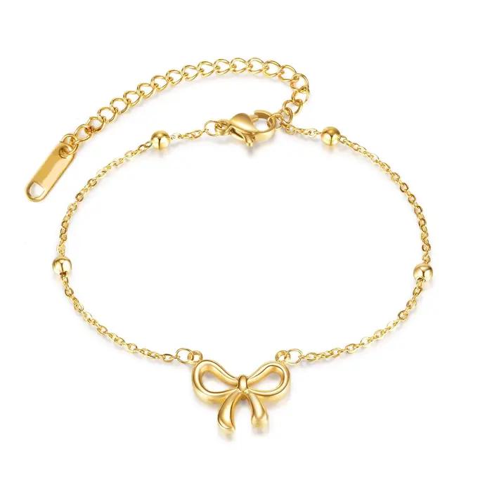 Bracelet à nœud papillon élégant pour femmes et filles, chaîne de perles, bijoux en acier inoxydable, cadeaux