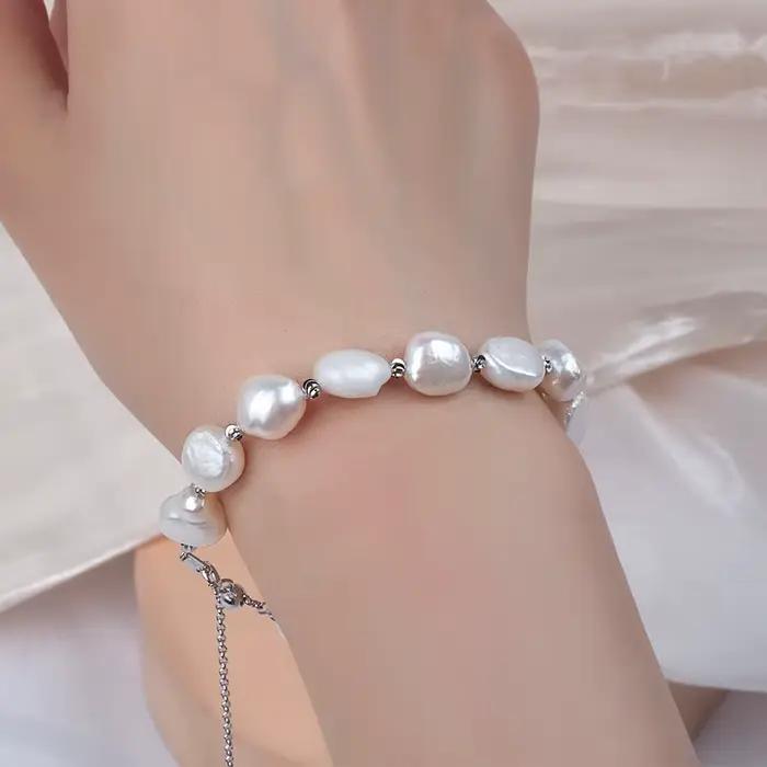 Bracelet en perles d'eau douce baroques et boutons de 9 à 13 mm pour femmes, plaqué argent, bijou unique et élégant, idée cadeau
