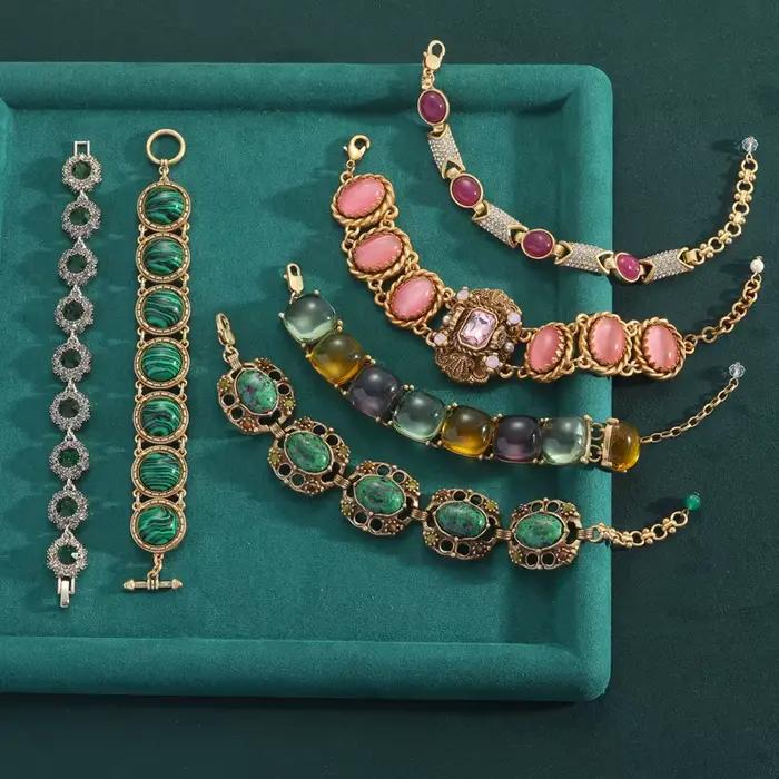 Vintage vert verre fleur goutte bracelets porte-bonheur couleur or tissage chaîne Antique bijoux femmes saint valentin cadeau nouvelle tendance 2025