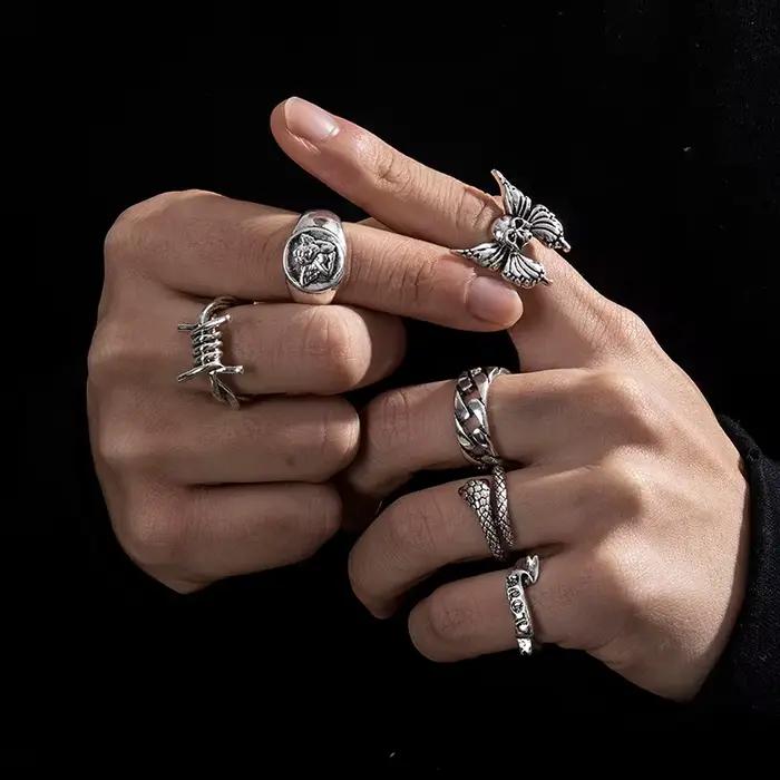 6 pièces Punk Poker Joker couleur argent anneaux pour hommes Goth squelette billard ensemble Couple Emo mode bijoux Anillos Hombre
