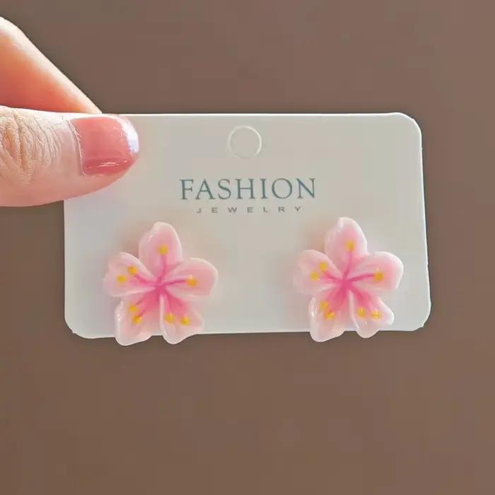 Boucle d'oreille en résine rose sans fleurs pour femme, clou de fleur de Sakura, accessoire de bijoux doux et mignon, cadeau de mariage pour fille, géométrie