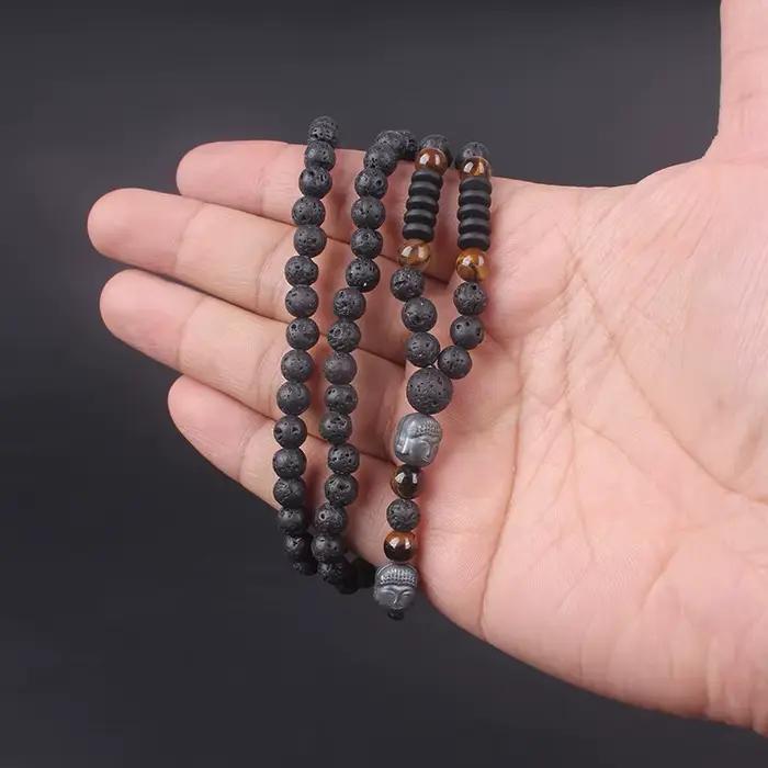 Collier perlé œil de tigre pour homme et femme, pierre de lave, pendentif tête de bouddha, 6mm