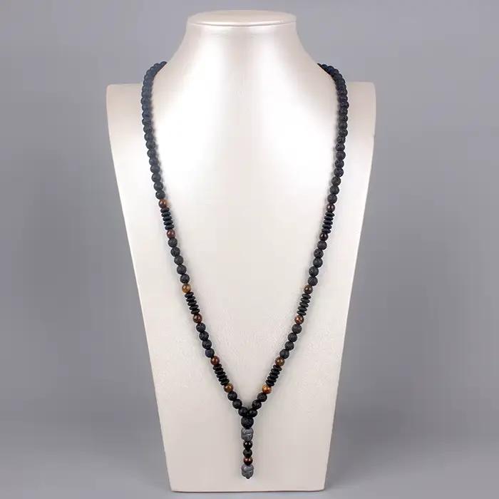 Collier perlé œil de tigre pour homme et femme, pierre de lave, pendentif tête de bouddha, 6mm