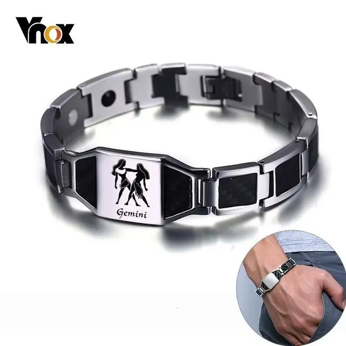 Vnox-Bracelets en fibre de carbone pour homme, acier inoxydable gravé, douze constellations, gémeaux et lion, énergie avec outil