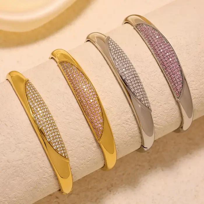 Bracelet en acier inoxydable plaqué or avec zircon blanc rose 5A pour femmes, bijoux de luxe imperméables, cadeau