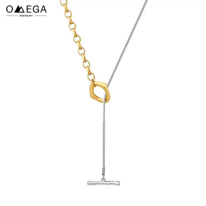 Collier Long réglable bicolore en acier inoxydable pour femmes, 80cm, couleur or argent 18 carats, boucle OT, chaîne de pull pour femmes